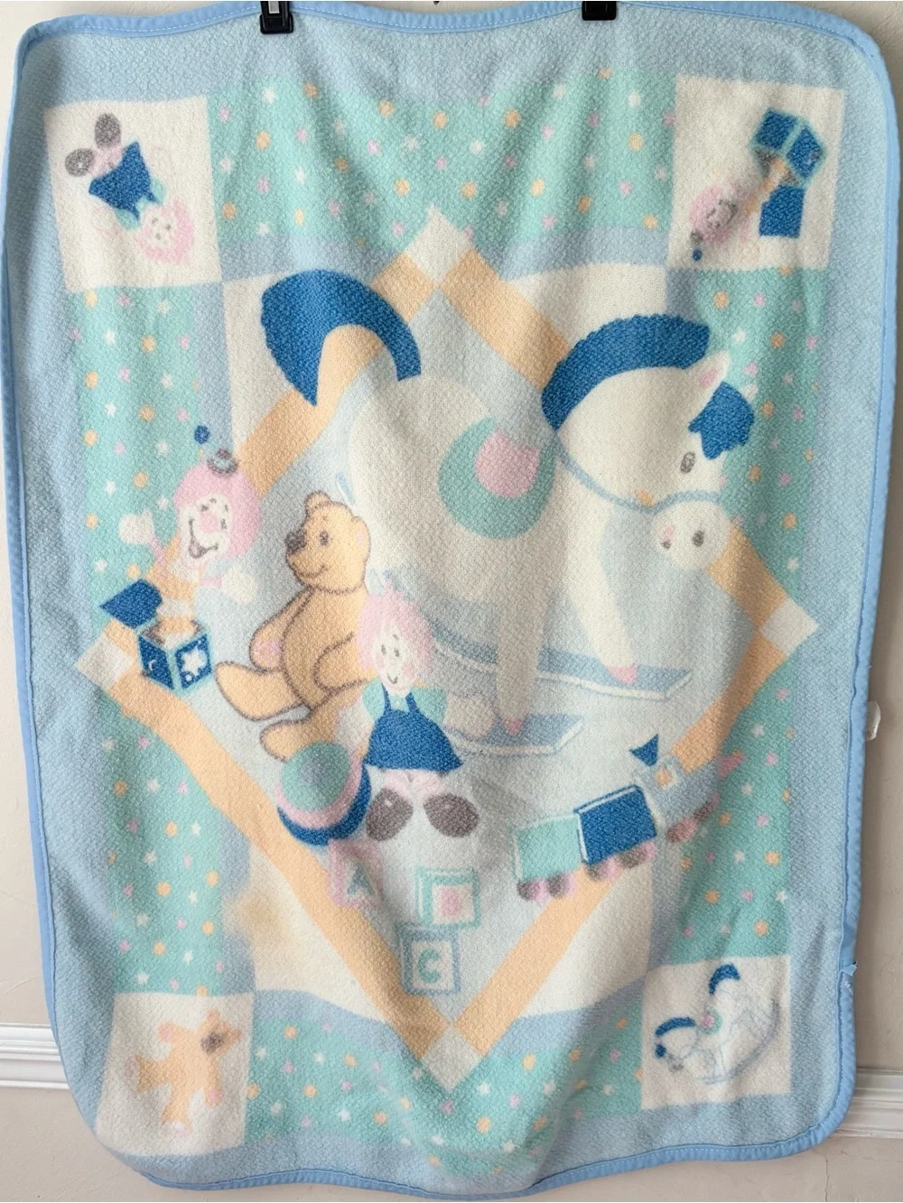 Vintage Sears Colormates Rocking Horse Pastel Baby Blanket